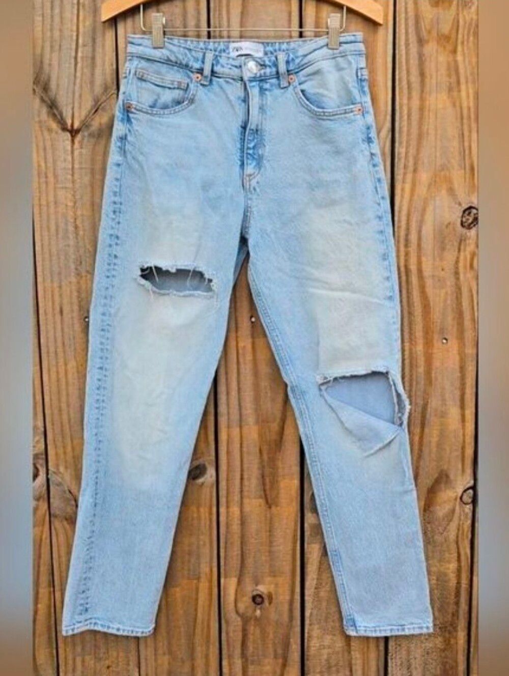Zara Light Blue Ripped Straight Leg Jeans
